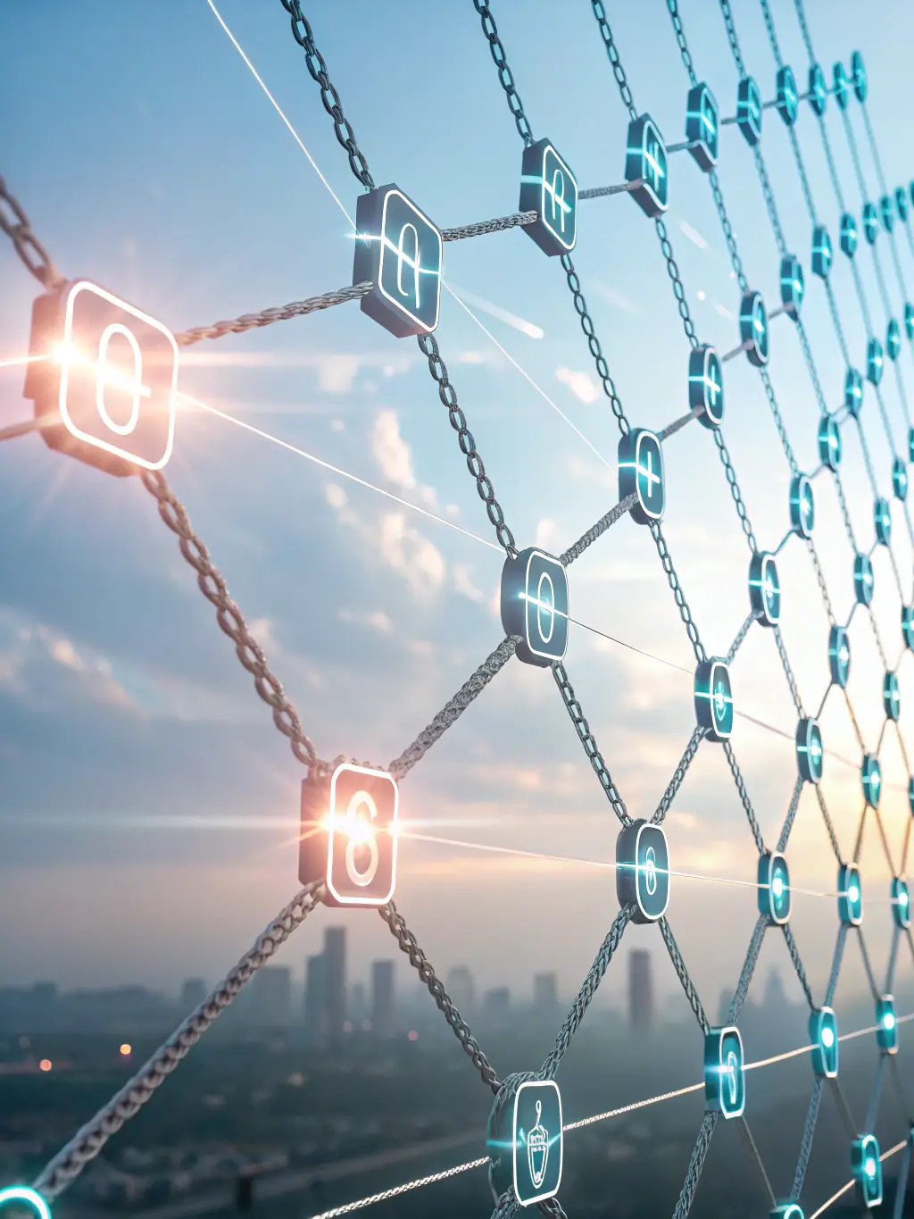 An illustration of interconnected nodes representing a blockchain network, emphasizing security and transparency.