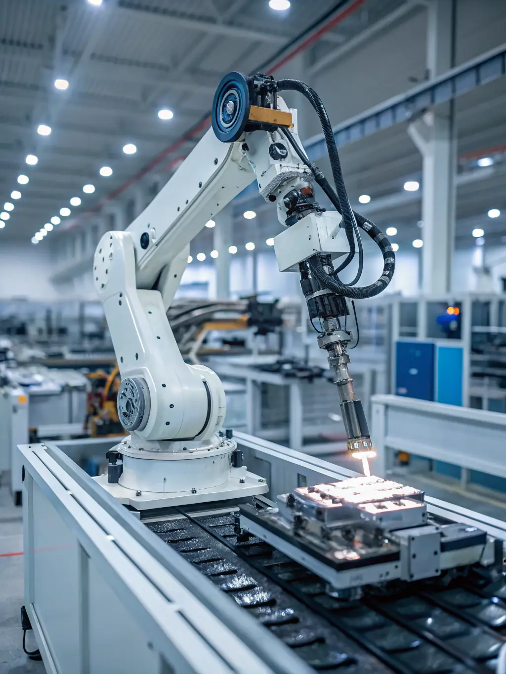 A robotic arm performing a precise task in a manufacturing setting, representing automation in action.
