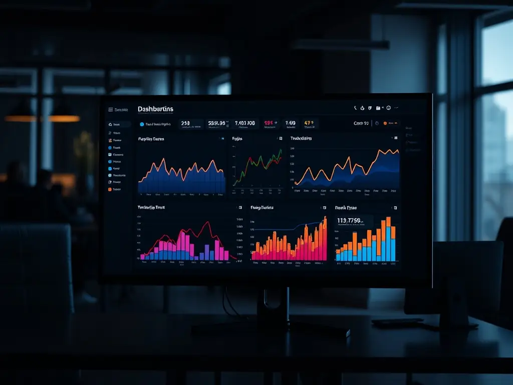 A dynamic image showcasing a digital dashboard with real-time data analytics, highlighting the efficiency and transparency of NextBit Solutions' systems.