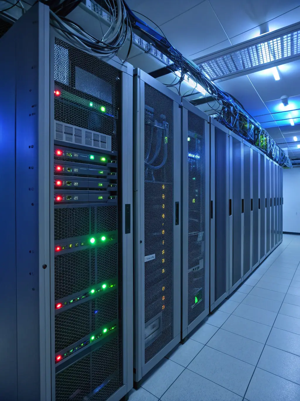 A high-resolution image depicting a server room with blinking lights and complex network cables, symbolizing robust infrastructure.
