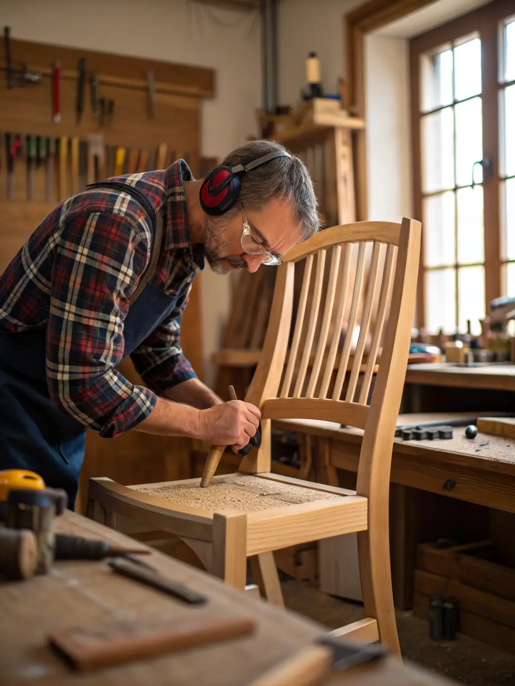 A photograph of a carpenter using a tablet with a NextBit Solutions interface to view project blueprints and manage inventory, highlighting the technology's role in carpentry and improvement projects.