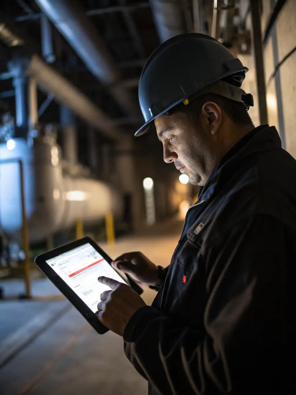 A high-quality photograph of a technician using a NextBit Solutions-designed app on a tablet to manage a home repair task, showcasing the efficiency of digital workflow management.