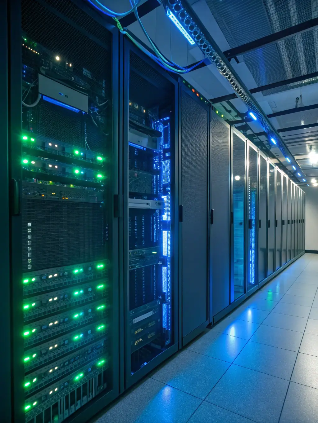 A high-tech server room with blinking lights and visible network cables, symbolizing robust digital infrastructure.