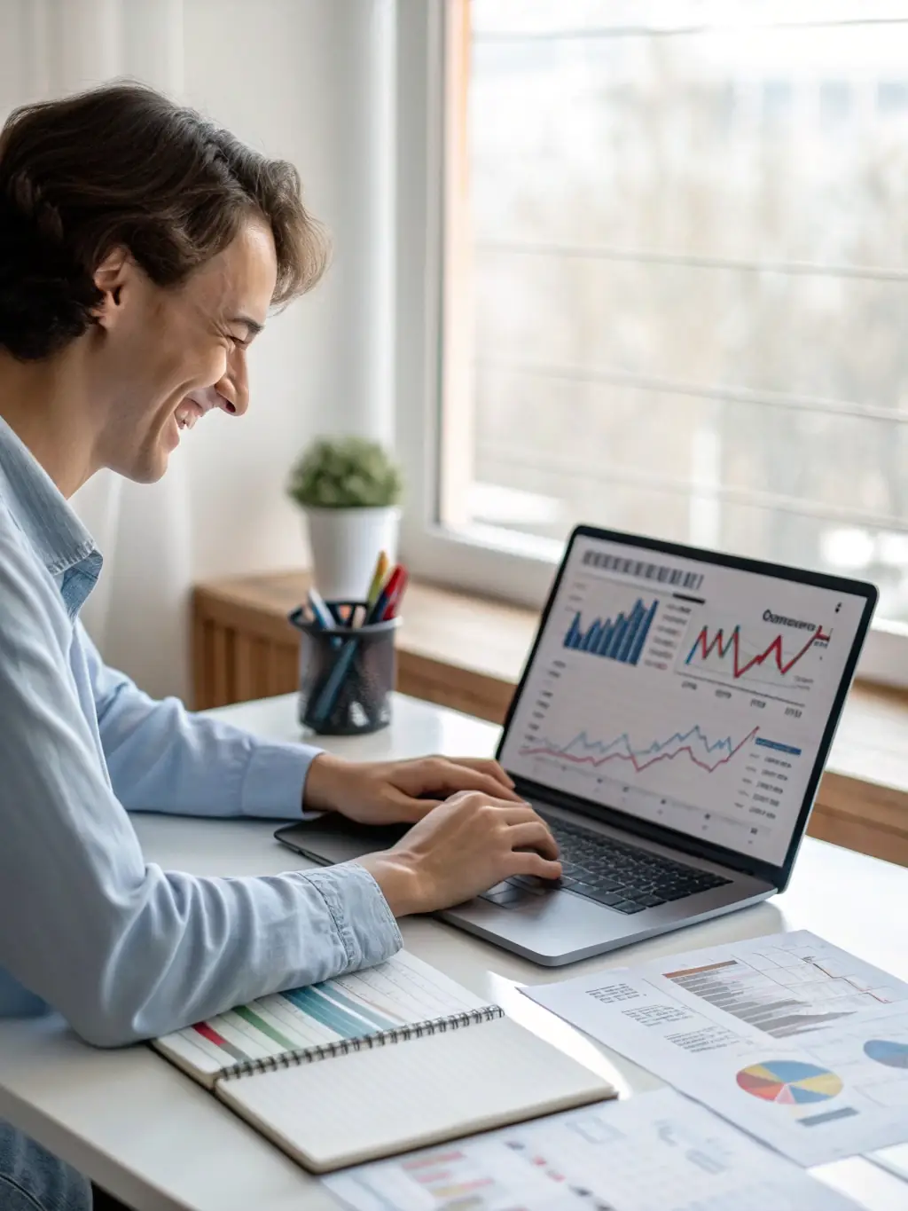 A professional workspace featuring a modern laptop displaying a clear financial dashboard with charts and graphs, symbolizing AJES's financial tracking capabilities.